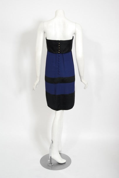1990 Chanel Runway Sapphire-Blue & Black Silk Strapless Dress w/ Shawl