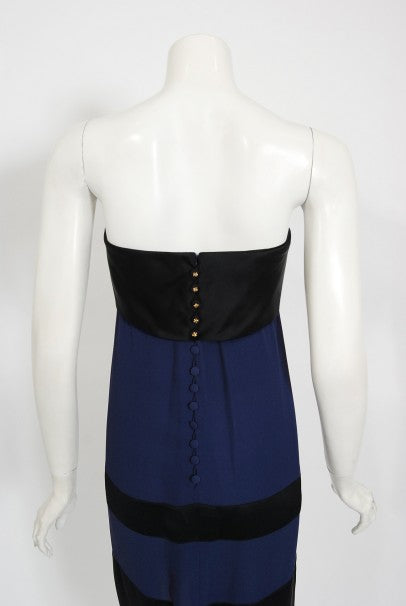 1990 Chanel Runway Sapphire-Blue & Black Silk Strapless Dress w/ Shawl