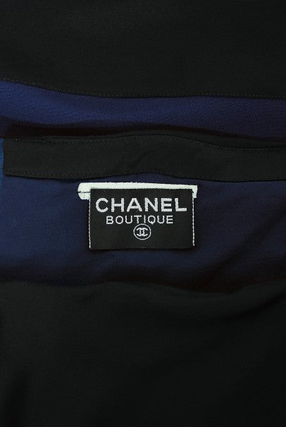 1990 Chanel Runway Sapphire-Blue & Black Silk Strapless Dress w/ Shawl