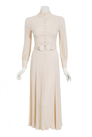 1970's Ivory Semi-Sheer Dotted Crepe Long-Sleeve Deco Belted Maxi Dress
