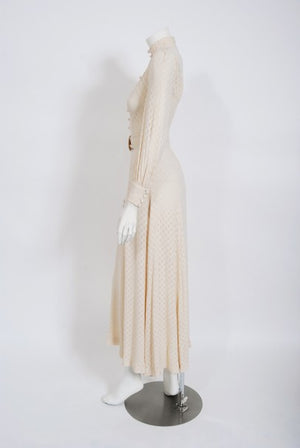 1970's Ivory Semi-Sheer Dotted Crepe Long-Sleeve Deco Belted Maxi Dress