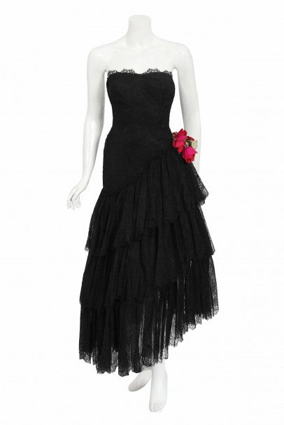 1940's Jeanne Lanvin Haute Couture Black Lace Strapless Asymmetric Tiered  Dress