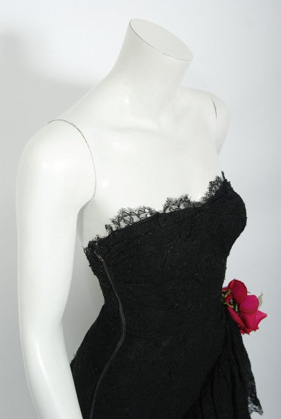 1940's Jeanne Lanvin Haute Couture Black Lace Strapless Asymmetric Tiered  Dress