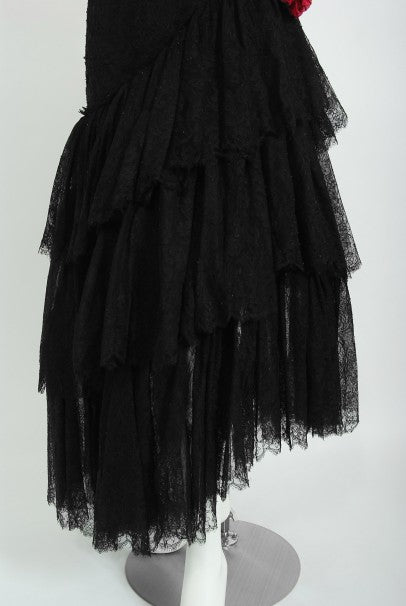 1940&#39;s Jeanne Lanvin Haute Couture Black Lace Strapless Asymmetric Tiered Dress