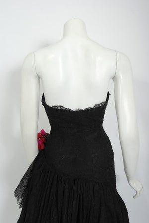 1940's Jeanne Lanvin Haute Couture Black Lace Strapless Asymmetric Tiered Dress