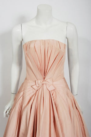 1950's Mingolini Guggenheim Couture Pink Pleated Silk Strapless Gown