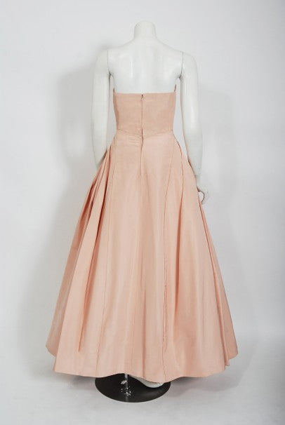 1950&#39;s Mingolini Guggenheim Couture Pink Pleated Silk Strapless Gown
