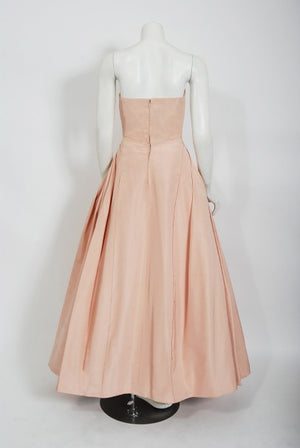 1950's Mingolini Guggenheim Couture Pink Pleated Silk Strapless Gown