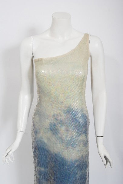 1970&#39;s Halston Couture Sequin Silk Blue Clouds Tie-Dye One Shoulder Gown