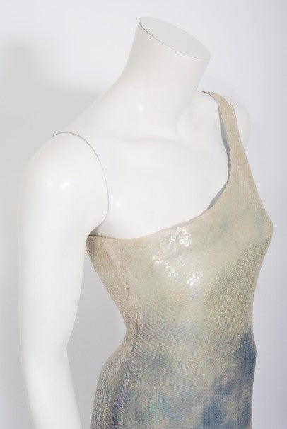 1970&#39;s Halston Couture Sequin Silk Blue Clouds Tie-Dye One Shoulder Gown