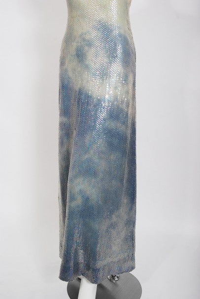 1970&#39;s Halston Couture Sequin Silk Blue Clouds Tie-Dye One Shoulder Gown