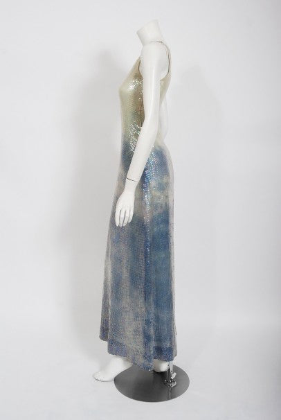 1970's Halston Couture Sequin Silk Blue Clouds Tie-Dye One Shoulder Go 1970's Halston Couture Sequin Silk Blue Clouds Tie-Dye One Shoulder Go