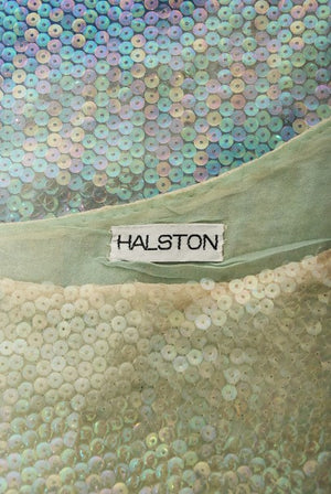 1970's Halston Couture Sequin Silk Blue Clouds Tie-Dye One Shoulder Gown