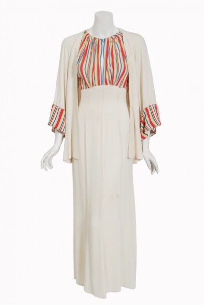 1930&#39;s Cartwright Ivory Striped Silk Rayon Cut-Out Maxi Dress &amp; Jacket