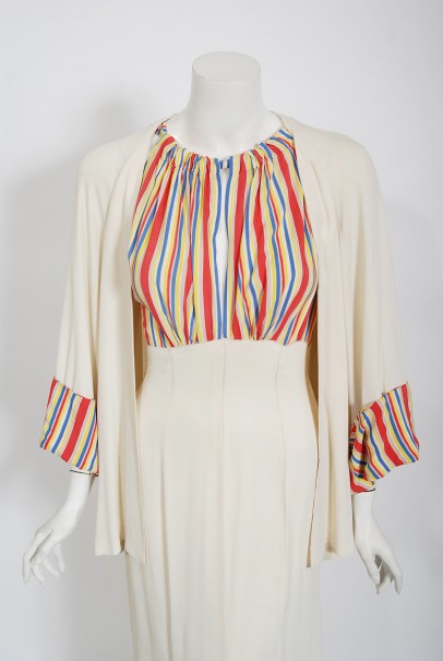1930&#39;s Cartwright Ivory Striped Silk Rayon Cut-Out Maxi Dress &amp; Jacket