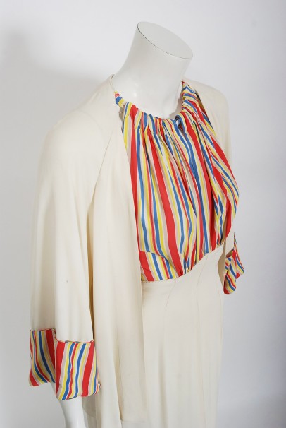 1930&#39;s Cartwright Ivory Striped Silk Rayon Cut-Out Maxi Dress &amp; Jacket