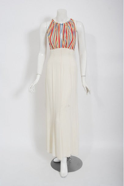 1930&#39;s Cartwright Ivory Striped Silk Rayon Cut-Out Maxi Dress &amp; Jacket