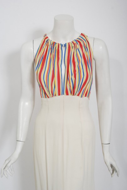1930&#39;s Cartwright Ivory Striped Silk Rayon Cut-Out Maxi Dress &amp; Jacket