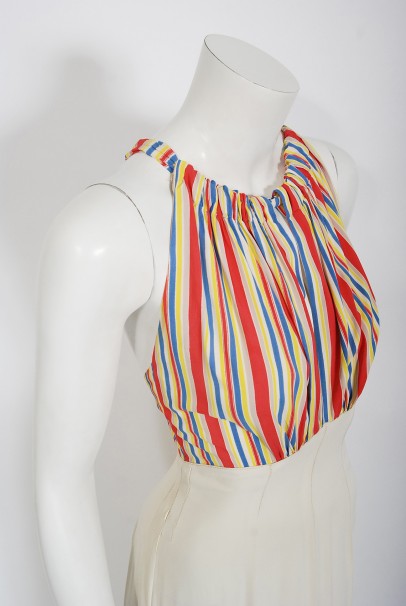 1930&#39;s Cartwright Ivory Striped Silk Rayon Cut-Out Maxi Dress &amp; Jacket