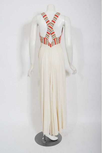 1930&#39;s Cartwright Ivory Striped Silk Rayon Cut-Out Maxi Dress &amp; Jacket