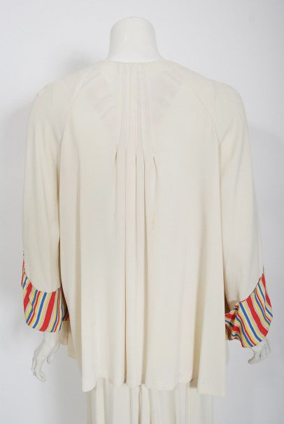 1930&#39;s Cartwright Ivory Striped Silk Rayon Cut-Out Maxi Dress &amp; Jacket