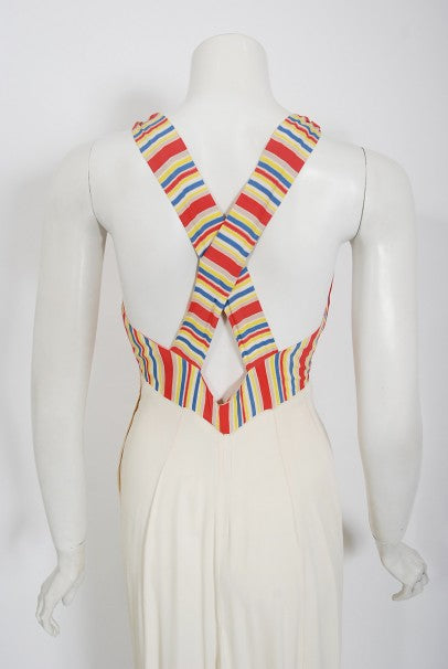 1930&#39;s Cartwright Ivory Striped Silk Rayon Cut-Out Maxi Dress &amp; Jacket