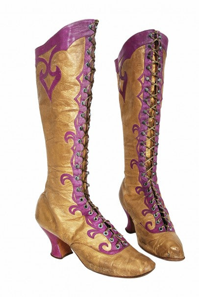 1890&#39;s Antique Cammeyer Couture Gold &amp; Purple Leather Lace-Up Victorian Boots