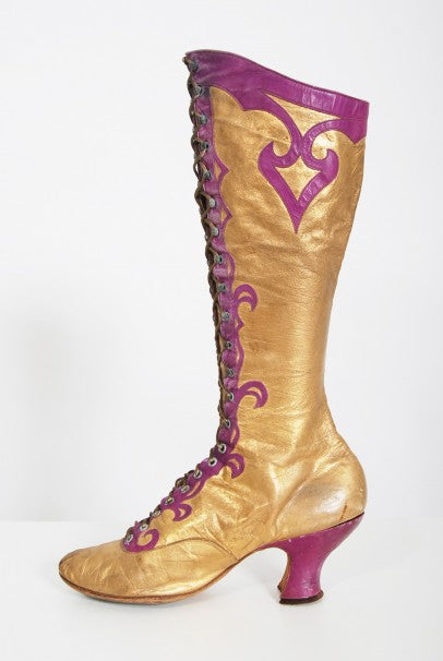 1890&#39;s Antique Cammeyer Couture Gold &amp; Purple Leather Lace-Up Victorian Boots