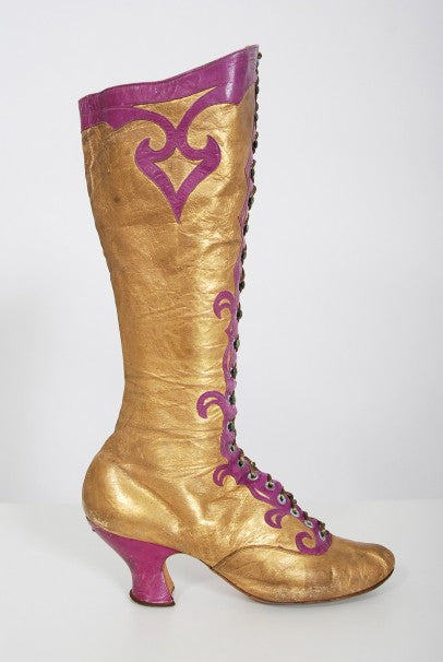 1890&#39;s Antique Cammeyer Couture Gold &amp; Purple Leather Lace-Up Victorian Boots