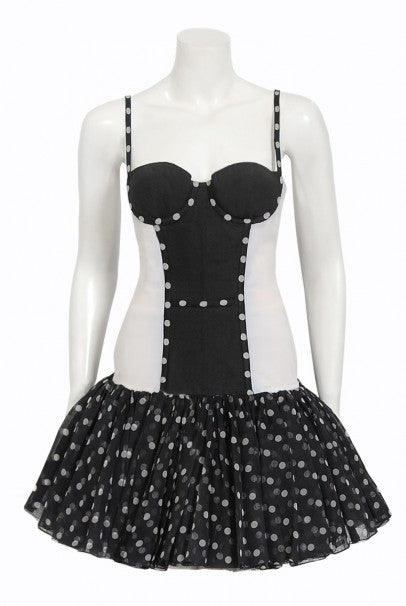 1990 Christian Dior Black White Polka-Dot Silk Bustier Plunge Mini Dress