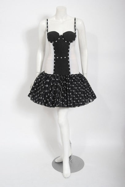 1990 Christian Dior Black White Polka-Dot Silk Bustier Plunge Mini Dress