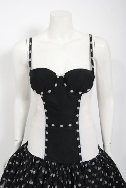 1990 Christian Dior Black White Polka-Dot Silk Bustier Plunge Mini Dress