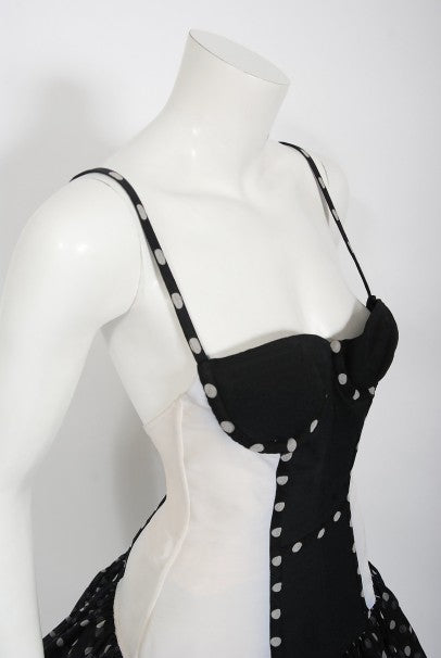 1990 Christian Dior Black White Polka-Dot Silk Bustier Plunge Mini Dress
