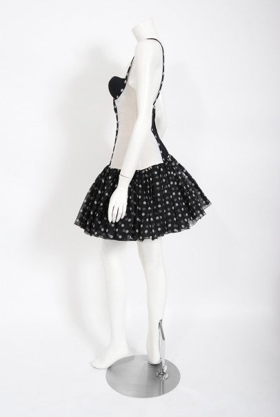 1990 Christian Dior Black White Polka-Dot Silk Bustier Plunge Mini Dress