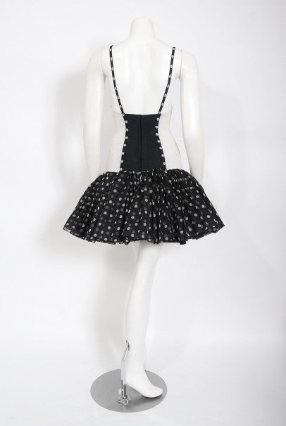 1990 Christian Dior Black White Polka-Dot Silk Bustier Plunge Mini Dress