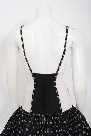 1990 Christian Dior Black White Polka-Dot Silk Bustier Plunge Mini Dress
