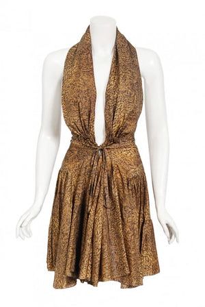 1987 Azzedine Alaia Documented Golden Print Silk Backless Halter Dress