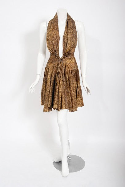 1987 Azzedine Alaia Documented Golden Print Silk Backless Halter Dress