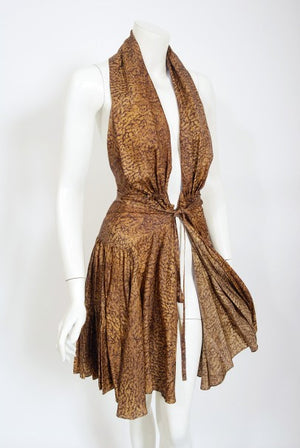 1987 Azzedine Alaia Documented Golden Print Silk Backless Halter Dress