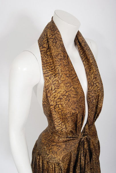 1987 Azzedine Alaia Documented Golden Print Silk Backless Halter Dress