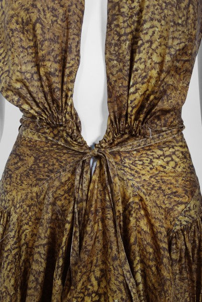 1987 Azzedine Alaia Documented Golden Print Silk Backless Halter Dress