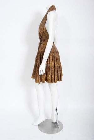 1987 Azzedine Alaia Documented Golden Print Silk Backless Halter Dress