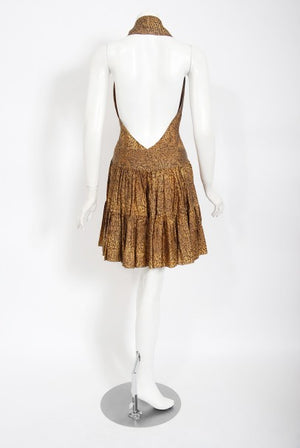 1987 Azzedine Alaia Documented Golden Print Silk Backless Halter Dress