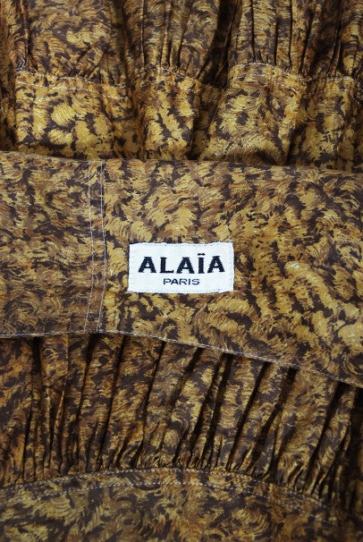 1987 Azzedine Alaia Documented Golden Print Silk Backless Halter Dress