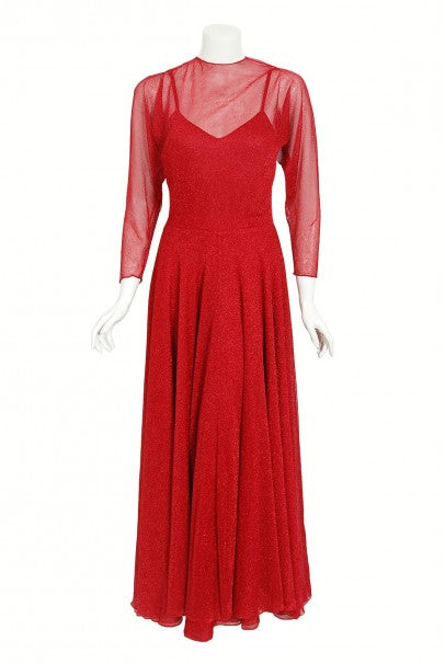 1970's Halston Couture Red Metallic Semi Sheer Knit Long-Sleeve Dress