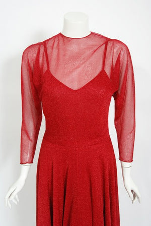 1970's Halston Couture Red Metallic Semi Sheer Knit Long-Sleeve Dress