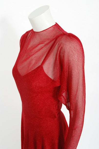 1970's Halston Couture Red Metallic Semi Sheer Knit Long-Sleeve Dress