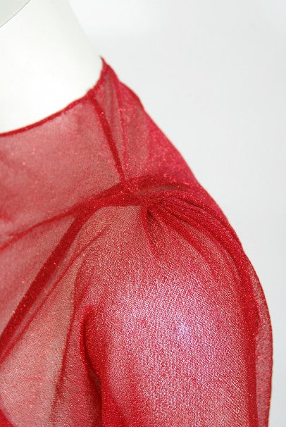1970's Halston Couture Red Metallic Semi Sheer Knit Long-Sleeve Dress