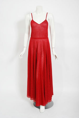 1970's Halston Couture Red Metallic Semi Sheer Knit Long-Sleeve Dress