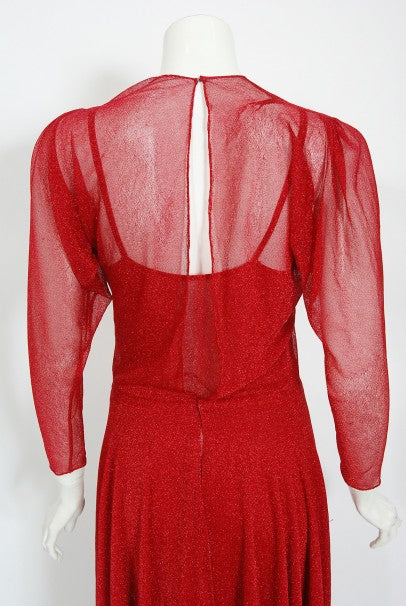 1970's Halston Couture Red Metallic Semi Sheer Knit Long-Sleeve Dress